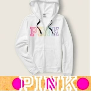 Victoria's Secret PINK Perfect Full-Zip Hoodie Sweatshirt Top Iconic Rainbow NWT